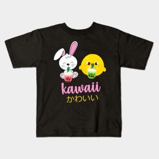 Kawaii cute anime bunny and duck drinking bubble tea Kids T-Shirt